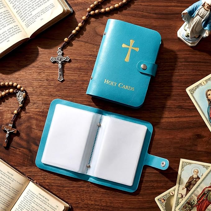 ✝🙏Katholischer Heiligenkartenhalter aus Kunstleder – Taschen-Gebetskartenorganizer mit Druckknopfverschluss