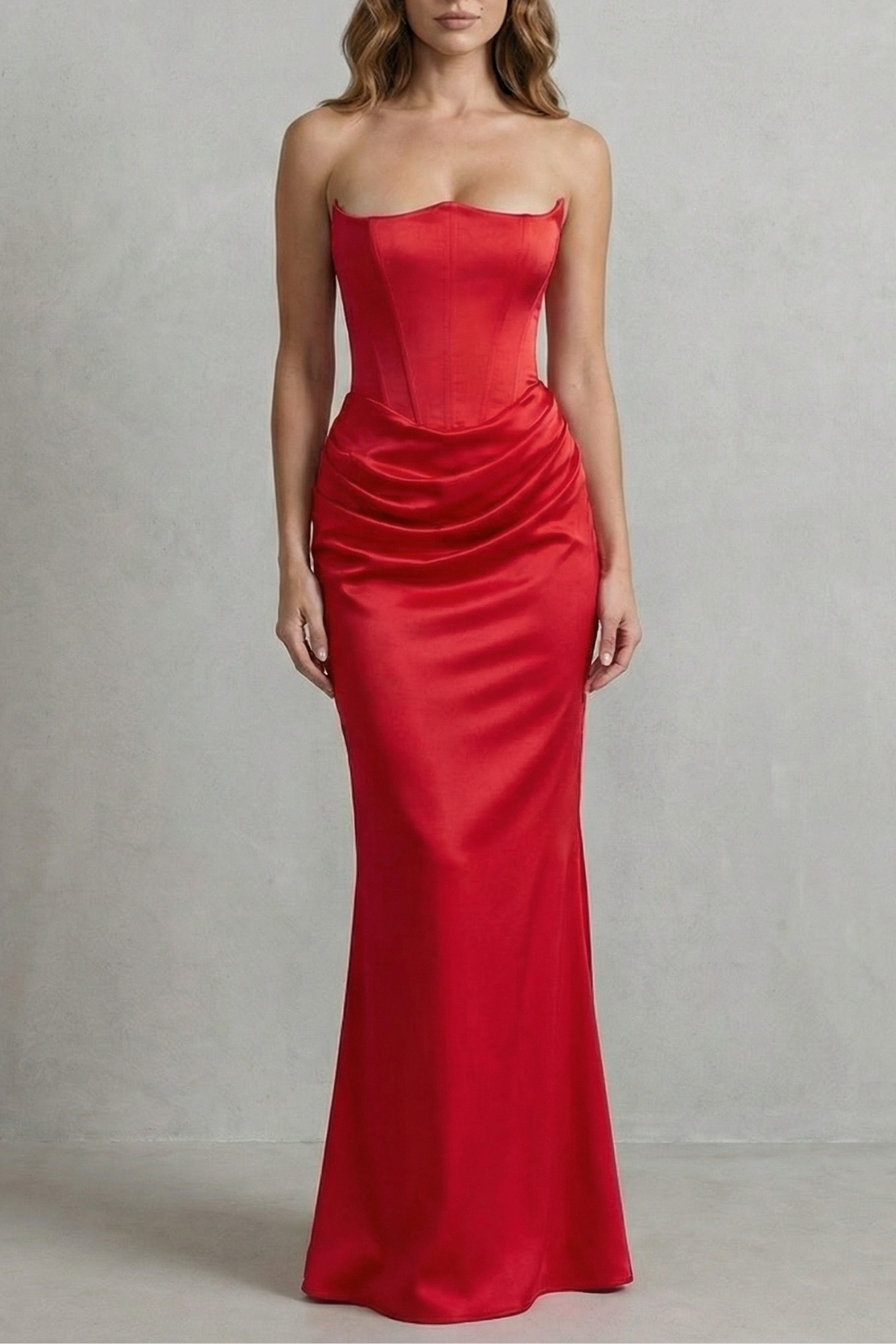 Evelisse – Skulptiertes Satin-Drapé – Trägerloses Korsett-Maxikleid
