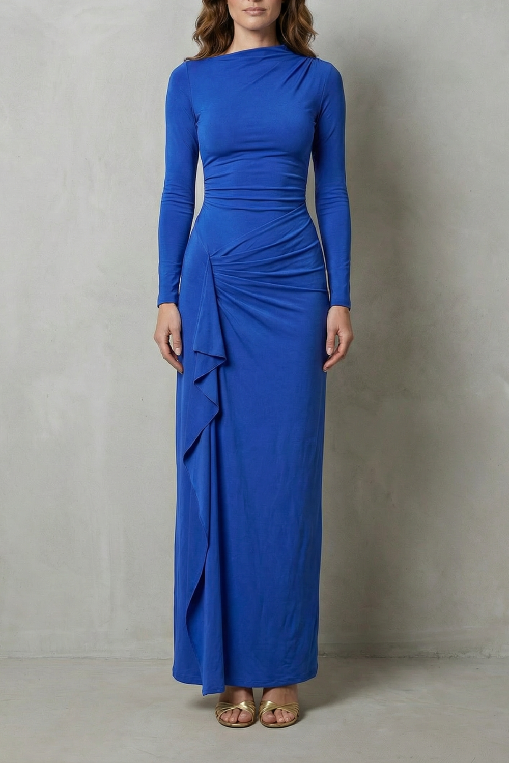 Veneta – Skulptierter Seitendrapée – Maxi-Kleid mit langen Ärmeln