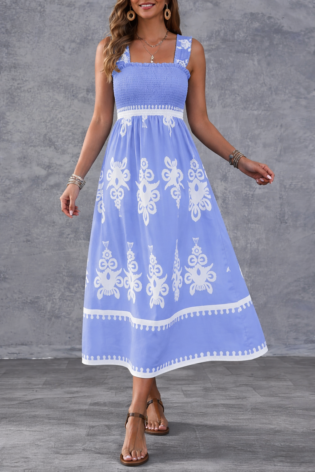 ✨2026 Fashion New 50% OFF💝Womens Casual Sleeveless Square Neck Floral Aline Smocked Dresses with Pockets