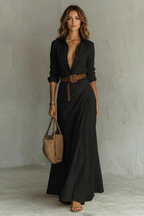 Sienna – Elegantes Faltenkleid mit Gürtel – Langärmliges Hemdblusenkleid in Herbstfarben