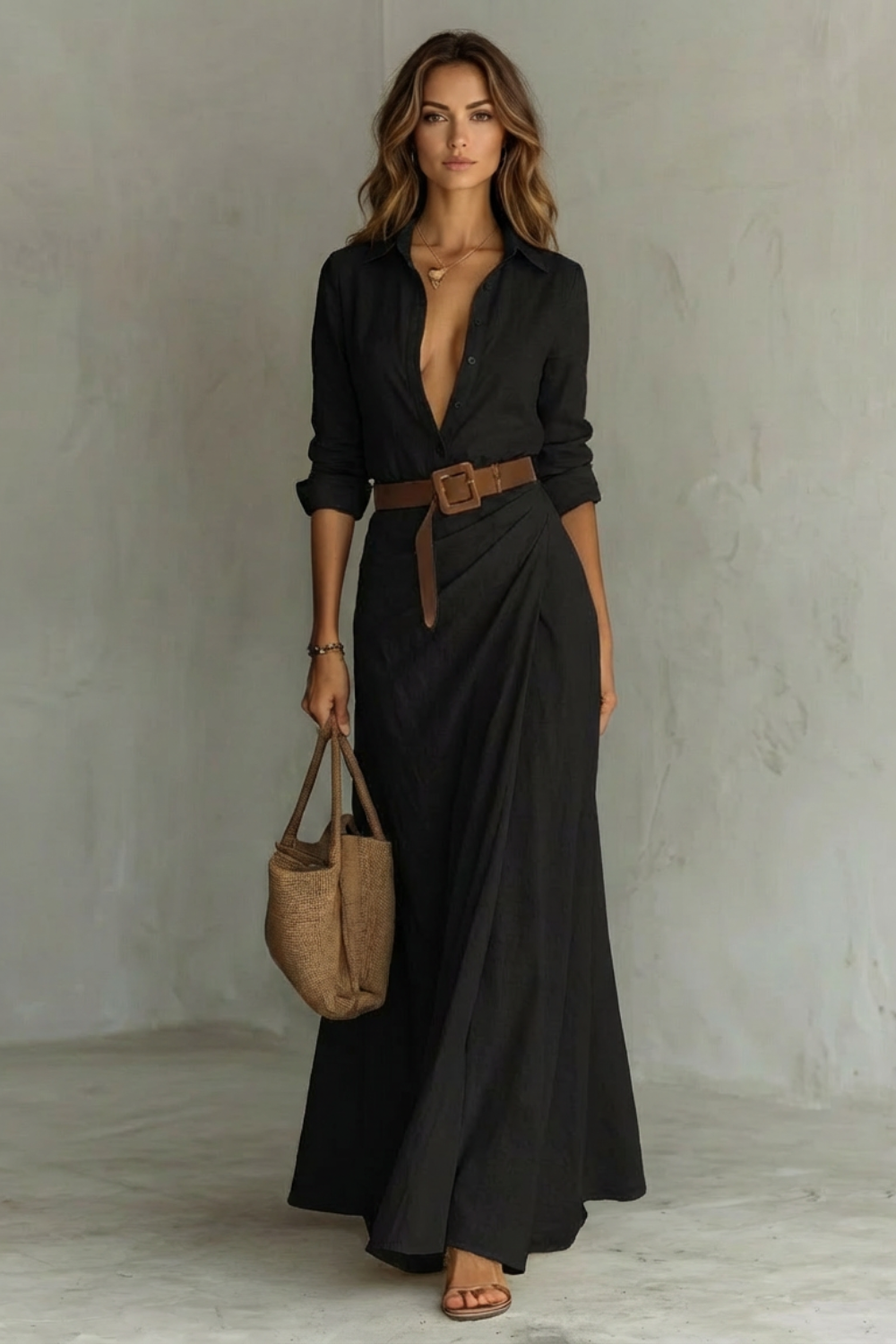 Sienna – Elegantes Faltenkleid mit Gürtel – Langärmliges Hemdblusenkleid in Herbstfarben