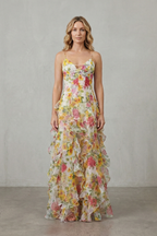 Fiorella – Aquarellblüten-Fluss – Maxikleid aus gerafftem Chiffon