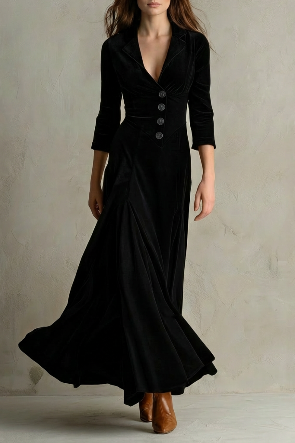 Celeste – Vintage Samt-Maxikleid – Eleganter Rock mit Knöpfen und Reversdetails