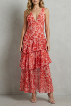 Virella – Crimson blossom layers – Tiered chiffon maxi dress