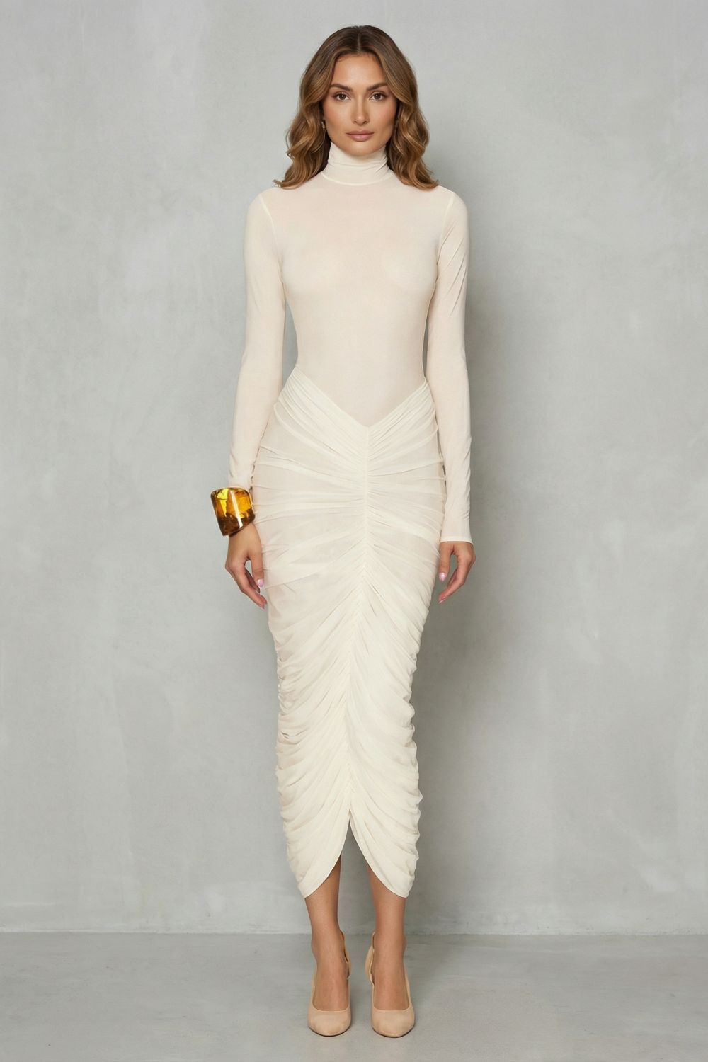 Dahlia – Geformte Eleganz – Hochgeschlossenes Midi-Kleid für Damen mit Raffung