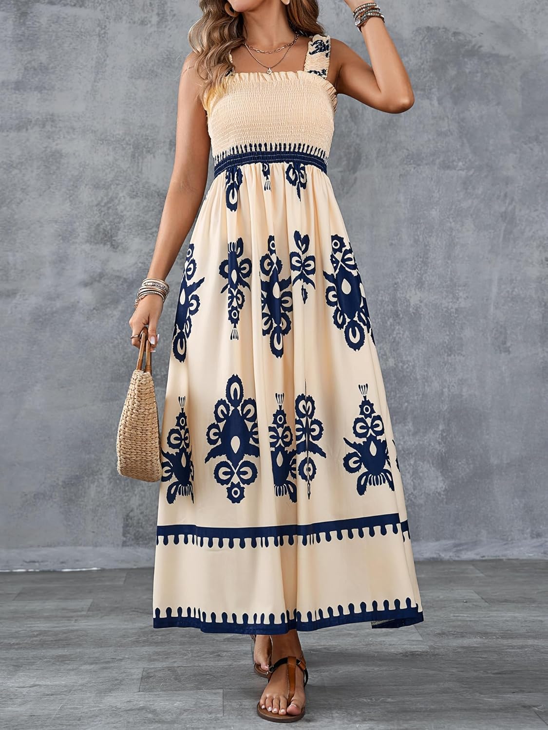 ✨2026 Fashion New 50% OFF💝Womens Casual Sleeveless Square Neck Floral Aline Smocked Dresses with Pockets