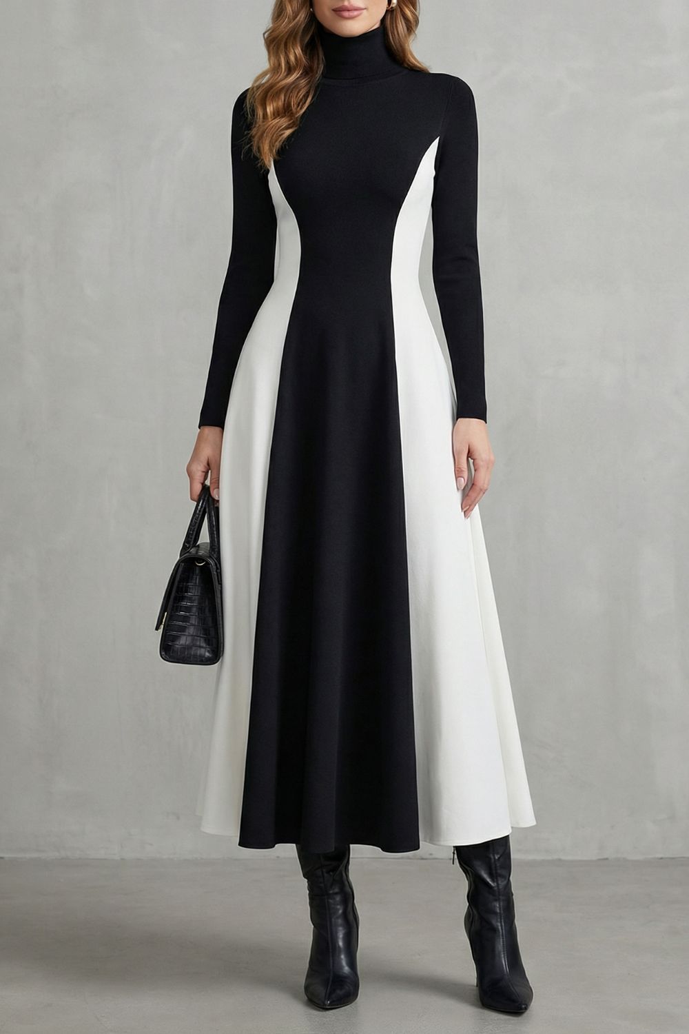 Mariveille – Geformter Kontrastfluss – Rollkragenkleid