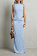 Kelsey – Elegante Silhouette – Damen Maxikleid mit hohem Kragen, Raffungen und Schlitz