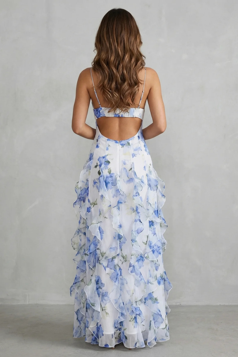 Sestina – Sheer floral cascade – Ruffled evening maxi dress