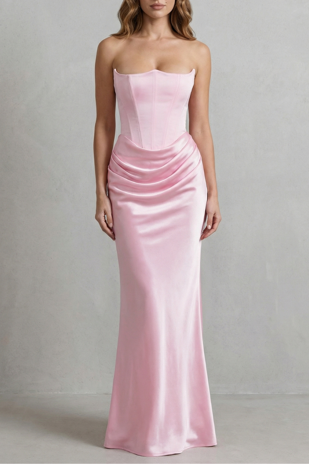 Evelisse – Skulptiertes Satin-Drapé – Trägerloses Korsett-Maxikleid