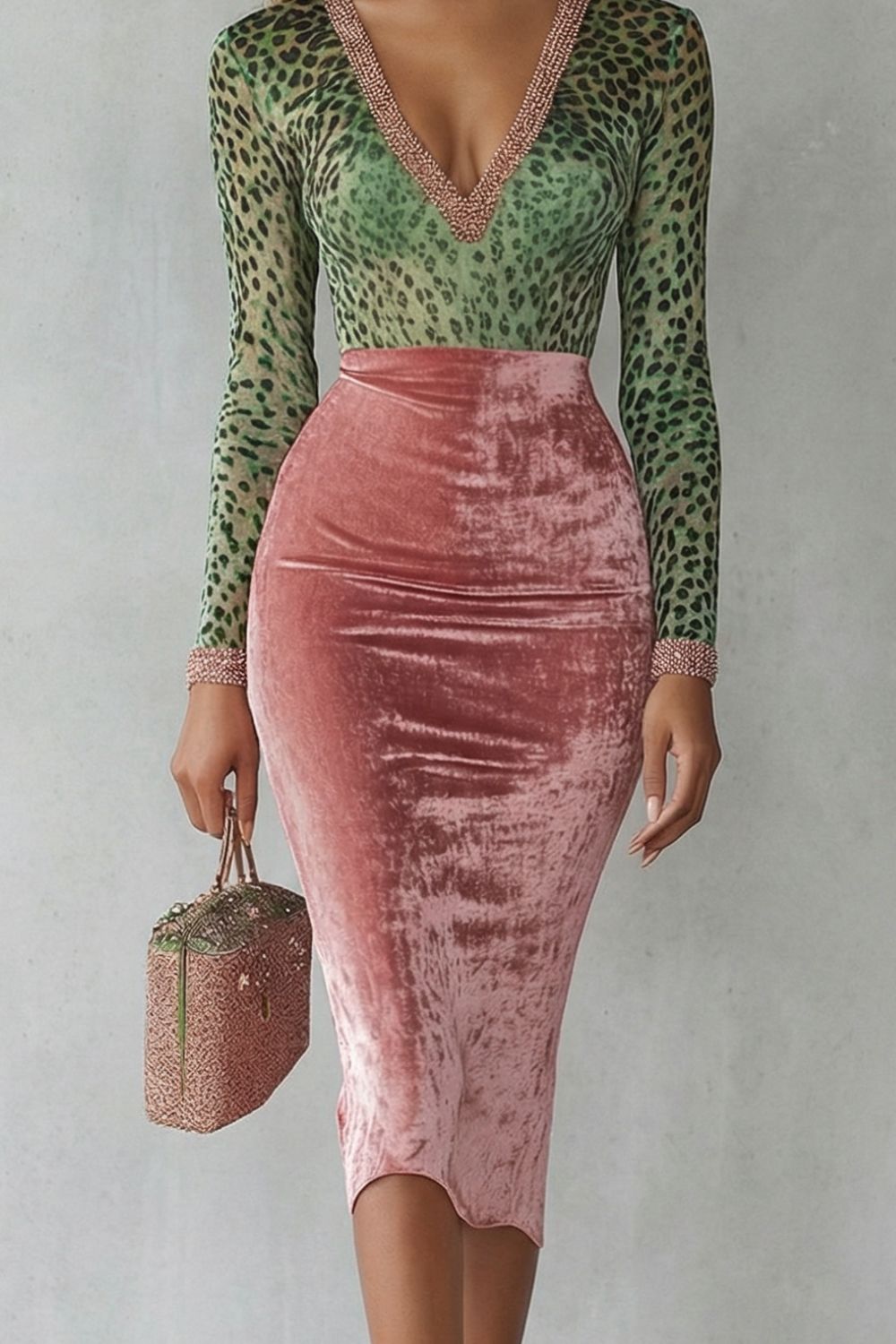 Virelline – Leoparden-Samt-Kontrast – Eng anliegendes Midikleid