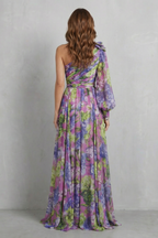 Floravique – Schulterfreies drapiertes Blumenkleid – Maxikleid