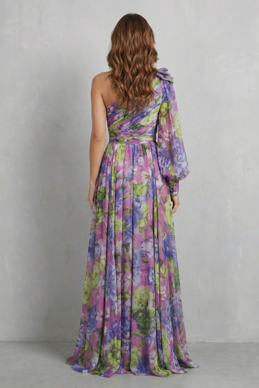 Floravique – Schulterfreies drapiertes Blumenkleid – Maxikleid
