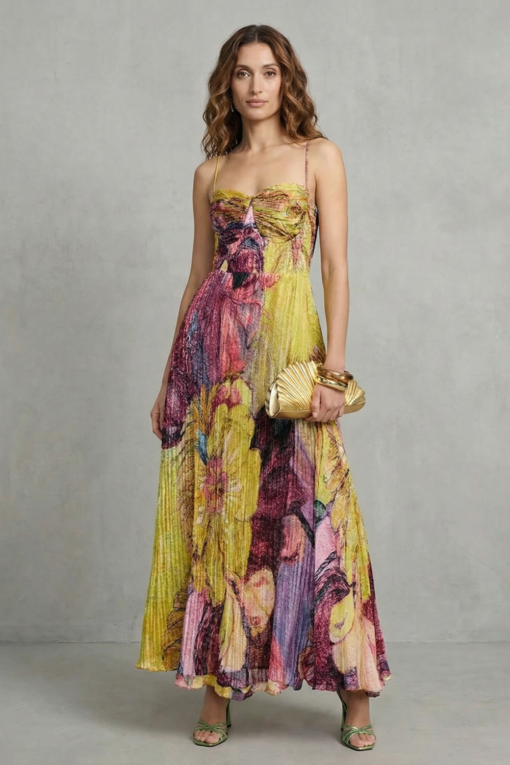 Lunézia – Aquarell-Blumenfalten – Fließendes Maxikleid