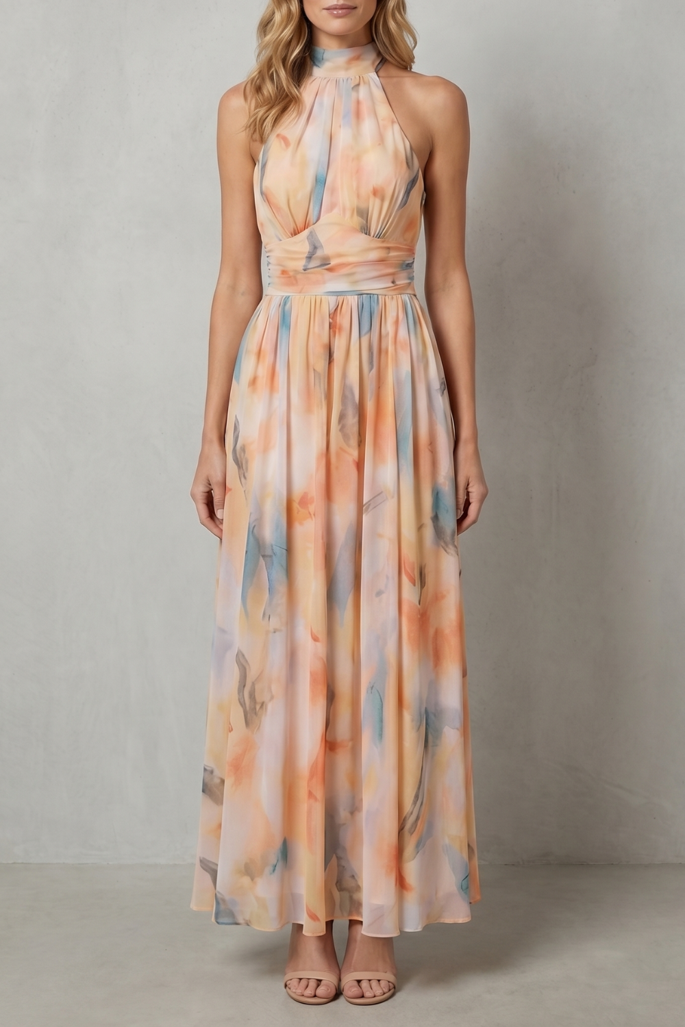 Vivienne – Neckholder-Maxikleid aus Aquarellstoff