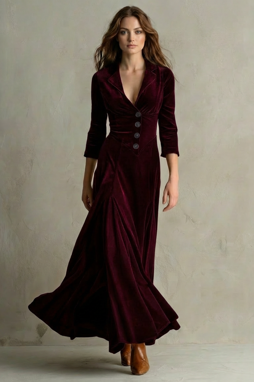 Celeste – Vintage Samt-Maxikleid – Eleganter Rock mit Knöpfen und Reversdetails