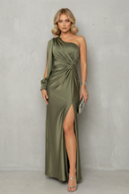Elarisse – Draped waist elegance – One shoulder slit maxi dress