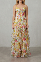 Fiorella – Aquarellblüten-Fluss – Maxikleid aus gerafftem Chiffon