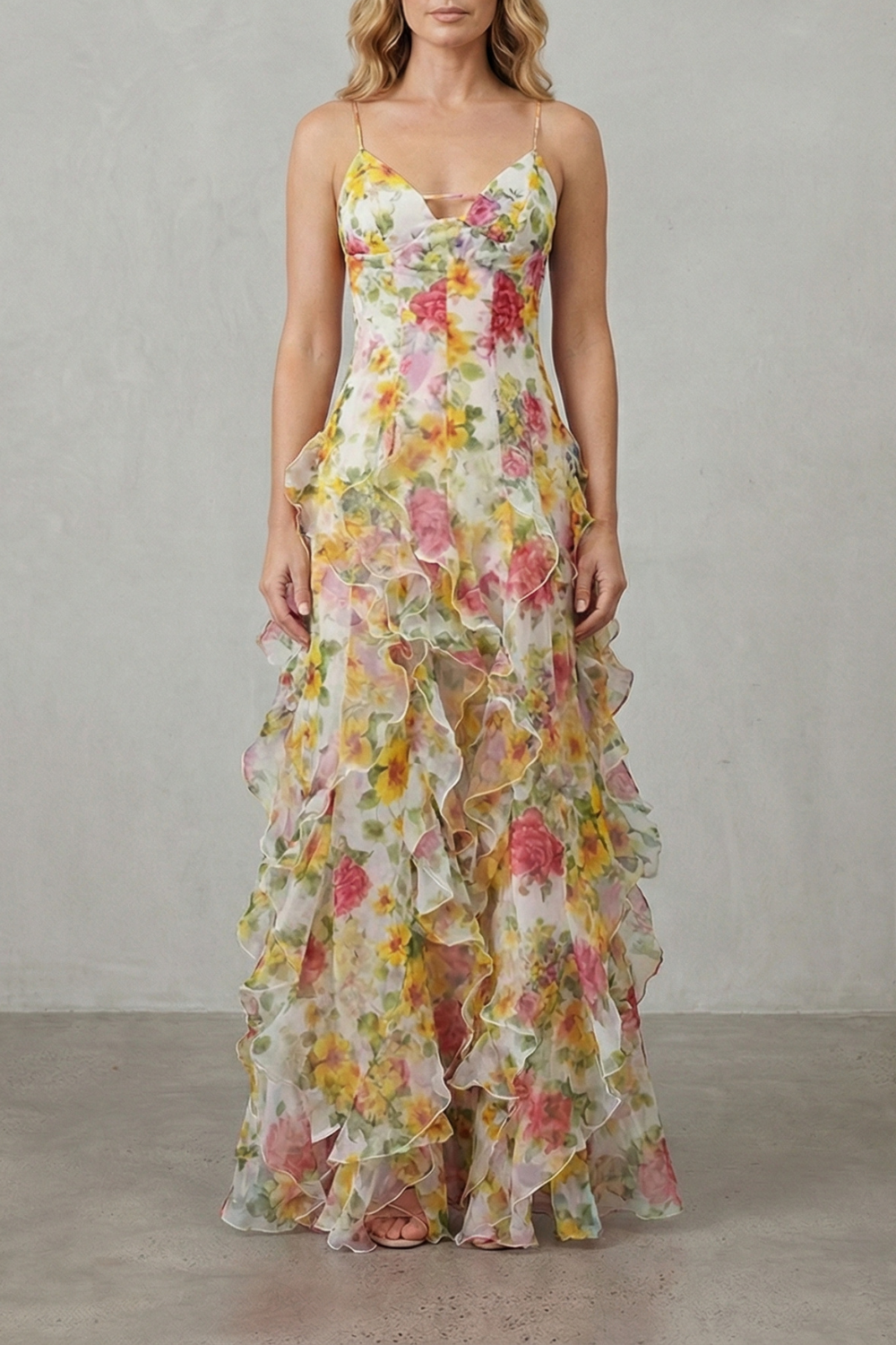 Fiorella – Aquarellblüten-Fluss – Maxikleid aus gerafftem Chiffon