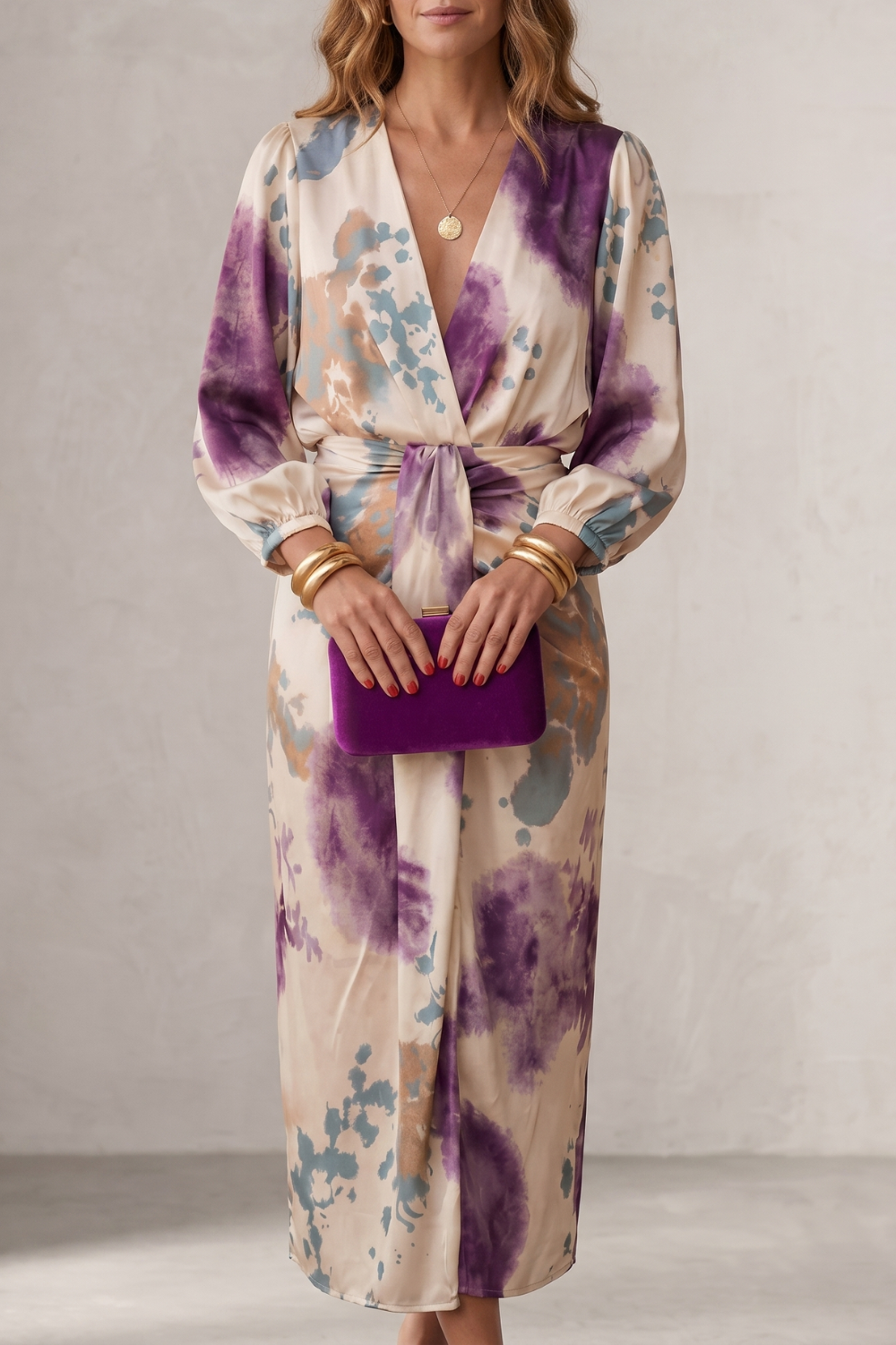 Lunaria – Aquarelldruck Wickelsilhouette – Midikleid