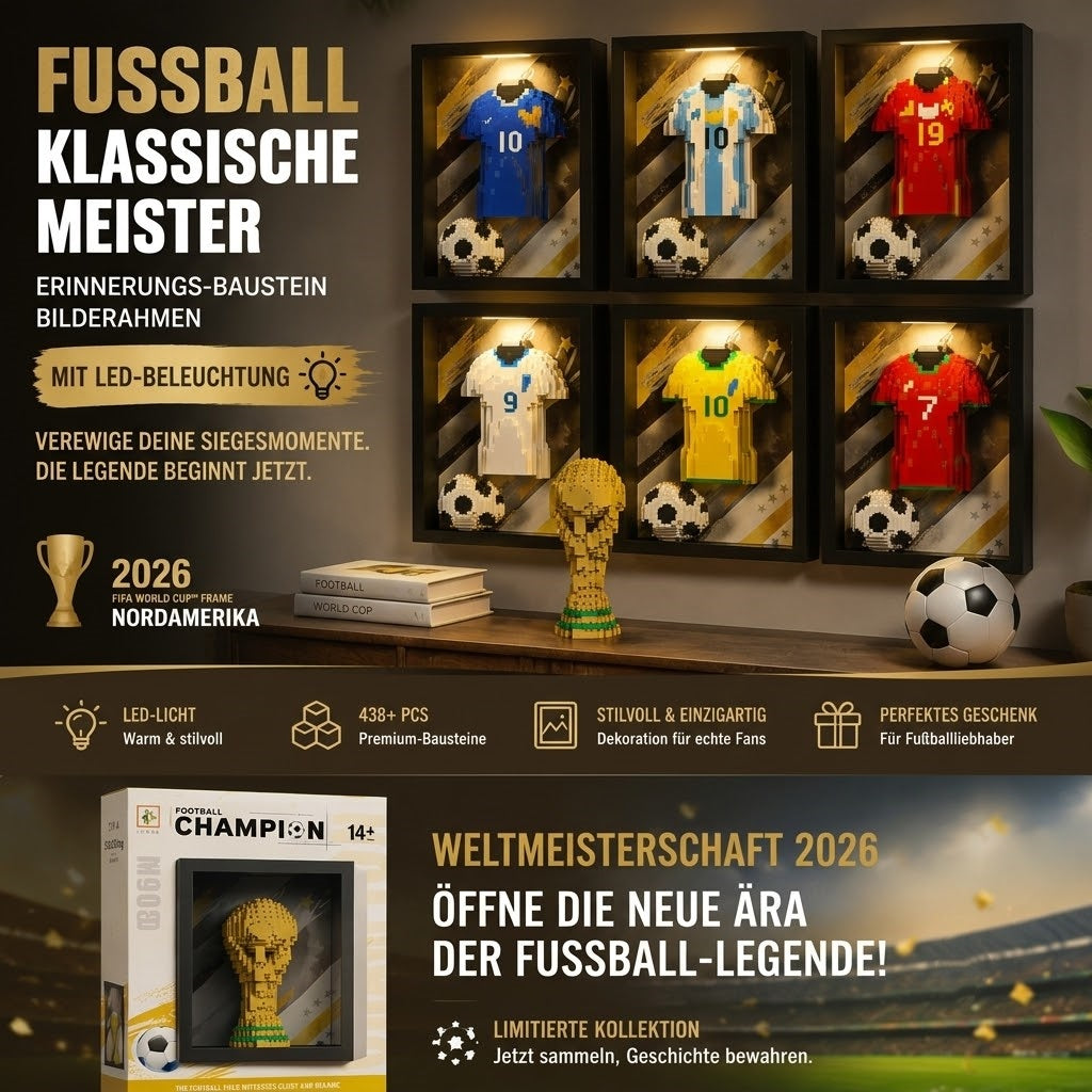 🏆Fußball-Legenden 3D Rahmen⚽: DIY Klemmbaustein-Set mit warm-weißen LEDs