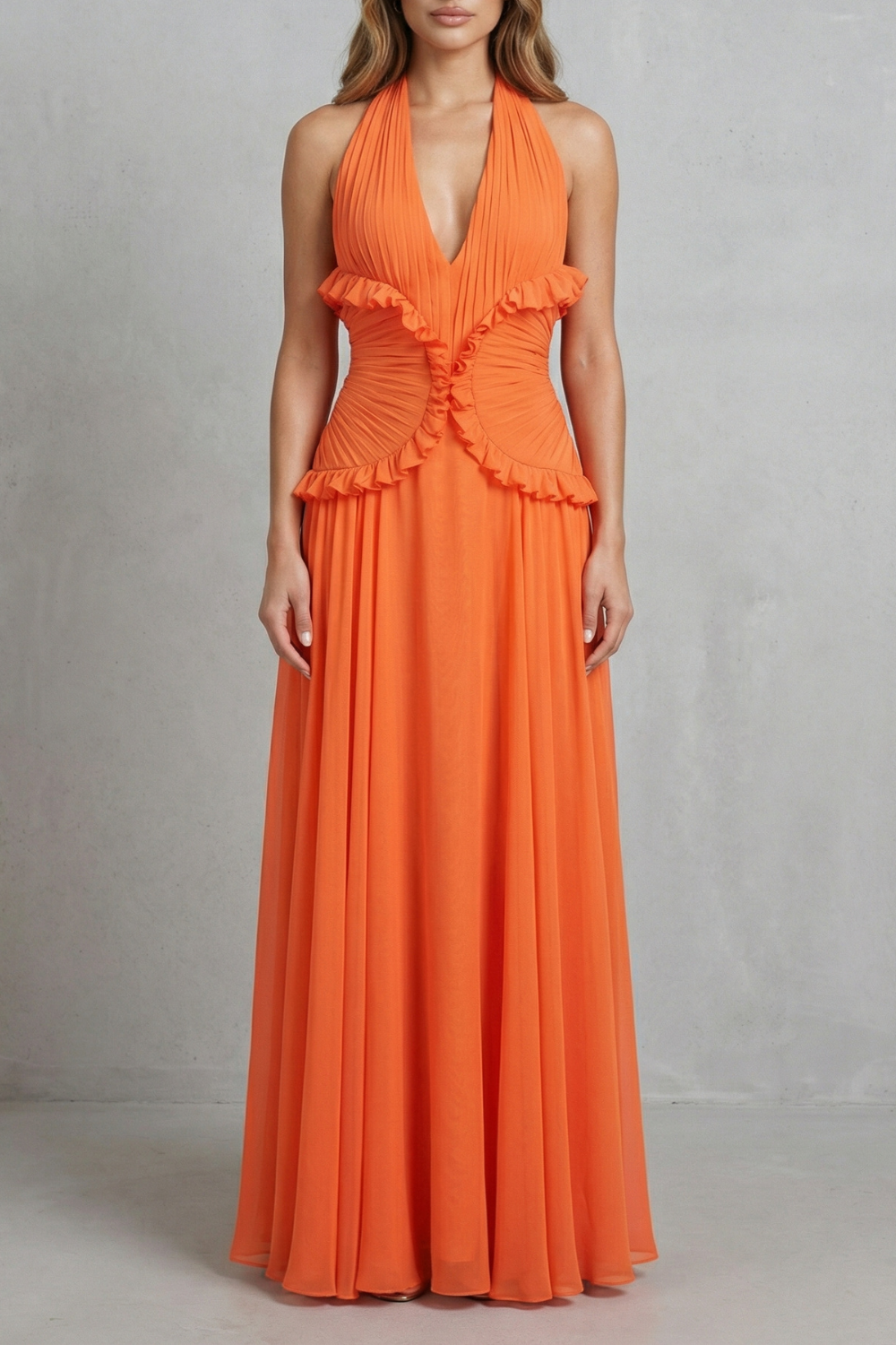 Marlowe – Sunset Romance – Maxikleid für Damen mit Neckholder und Rüschen im A-Linien-Schnitt