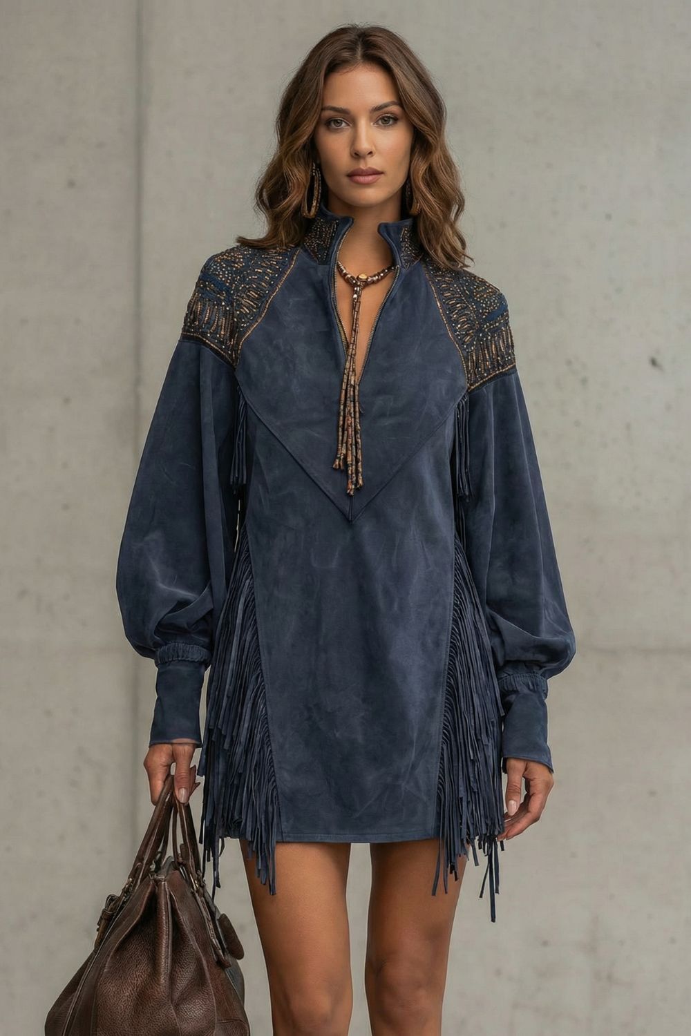 Calvetta – Bestickte Fransen – Tunika-Minikleid