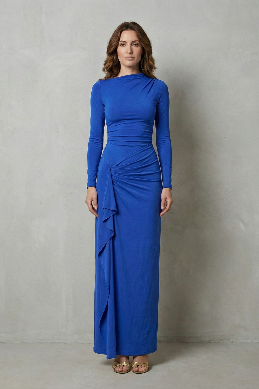 Veneta – Skulptierter Seitendrapée – Maxi-Kleid mit langen Ärmeln