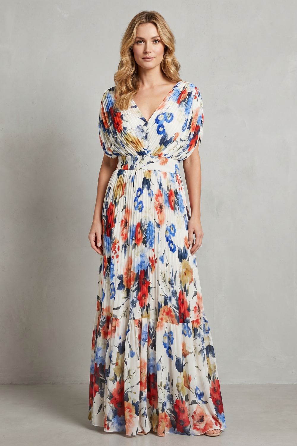 Floravienne – Plissierte florale Eleganz – Maxikleid