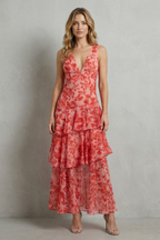 Virella – Crimson blossom layers – Tiered chiffon maxi dress