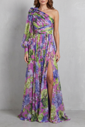 Floravique – Schulterfreies drapiertes Blumenkleid – Maxikleid