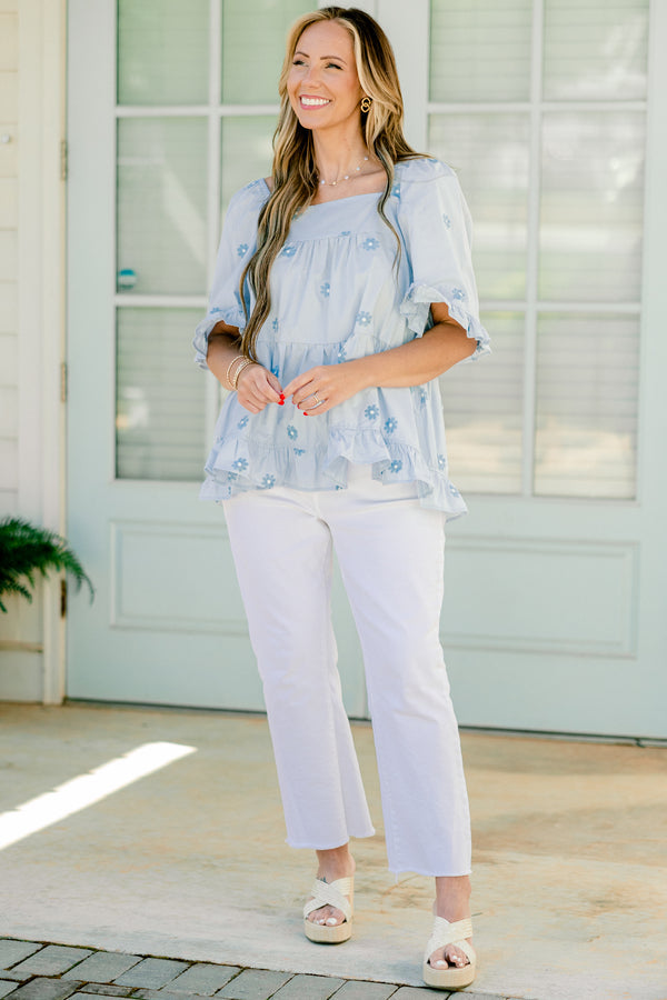 Grateful To Be Here Top, Light Blue