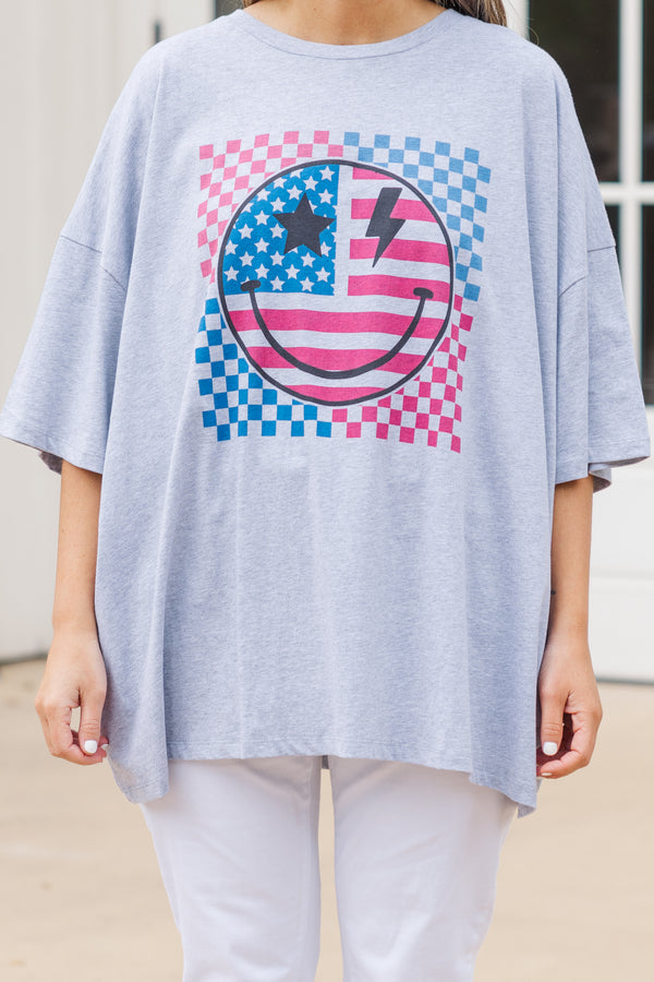 America Rocks Boyfriend T-Shirt, meliertes Grau