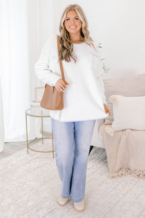 Can't Keep Going Pullover, Ivory-Blau