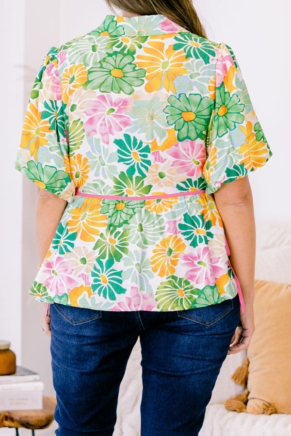 Counting Blossoms Top, Green Floral