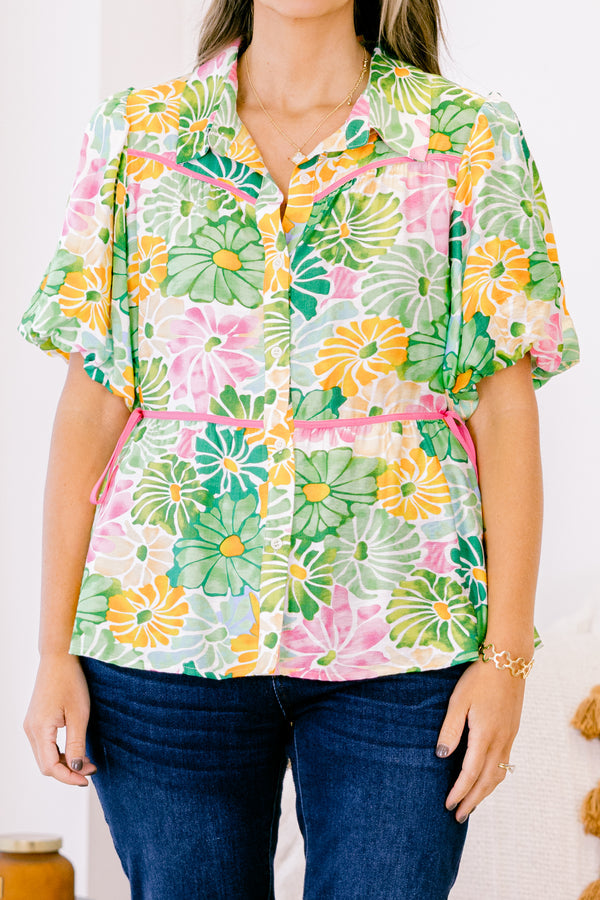 Counting Blossoms Top, Green Floral