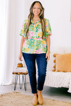 Counting Blossoms Top, Green Floral