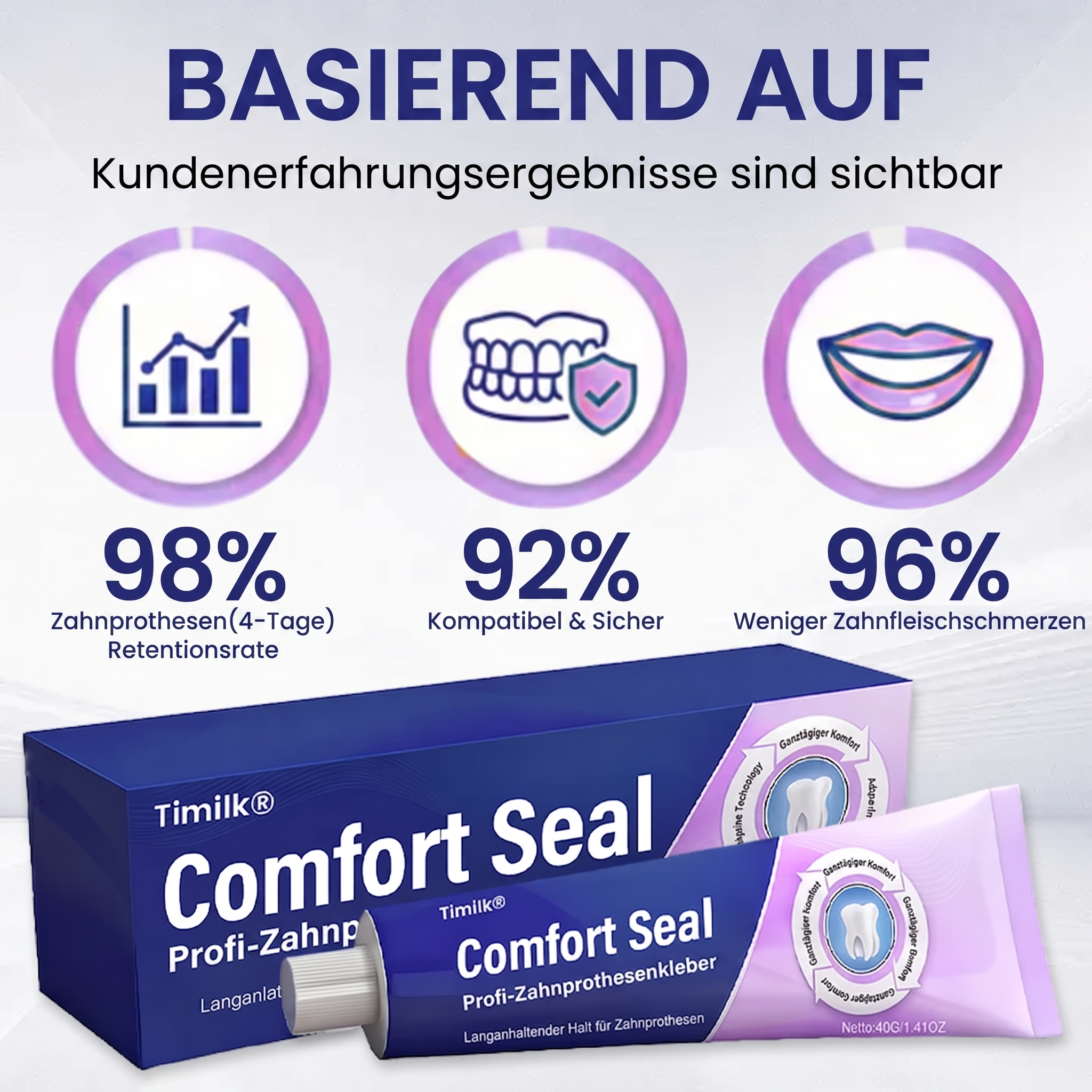 🔥 Timilk® Comfort Seal Pro Haftcreme für Zahnprothesen 🦷💜 FDA-zertifiziert (Klinisch getestet: 96 Stunden Halt für sicheren, komfortablen und zinkfreien Sitz der Zahnprothese)