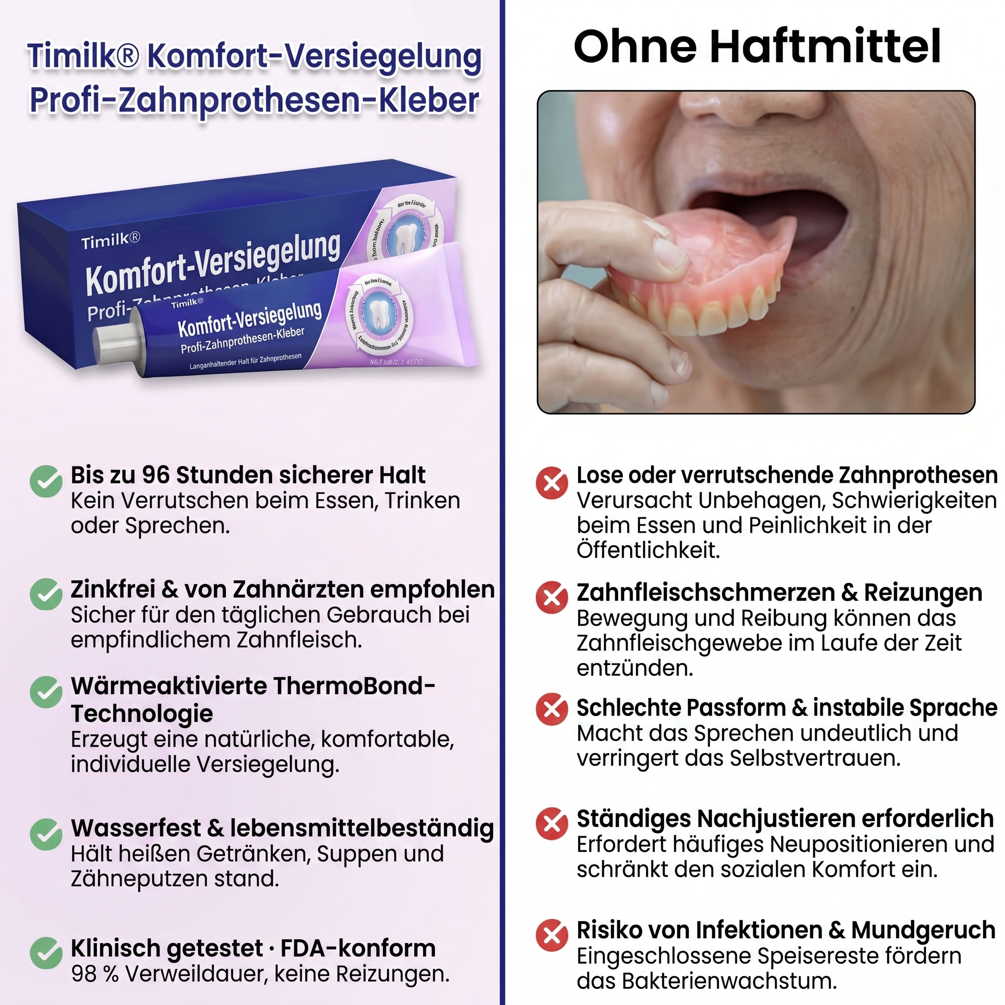 🔥 Timilk® Comfort Seal Pro Haftcreme für Zahnprothesen 🦷💜 FDA-zertifiziert (Klinisch getestet: 96 Stunden Halt für sicheren, komfortablen und zinkfreien Sitz der Zahnprothese)