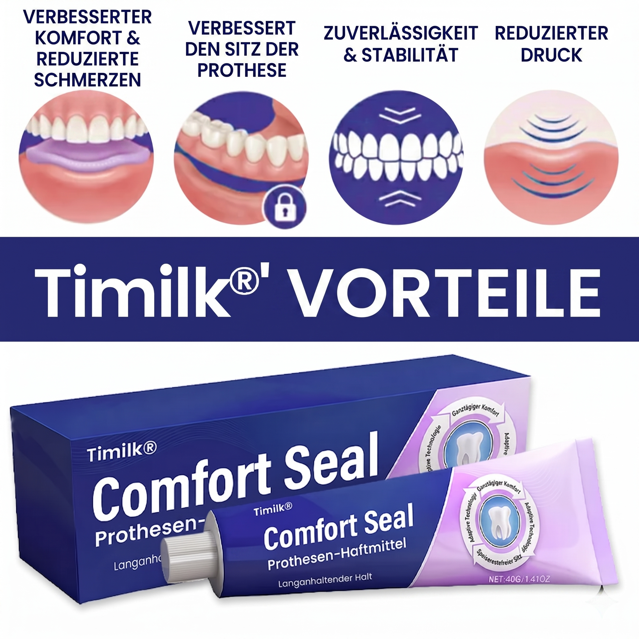 🔥 Timilk® Comfort Seal Pro Haftcreme für Zahnprothesen 🦷💜 FDA-zertifiziert (Klinisch getestet: 96 Stunden Halt für sicheren, komfortablen und zinkfreien Sitz der Zahnprothese)