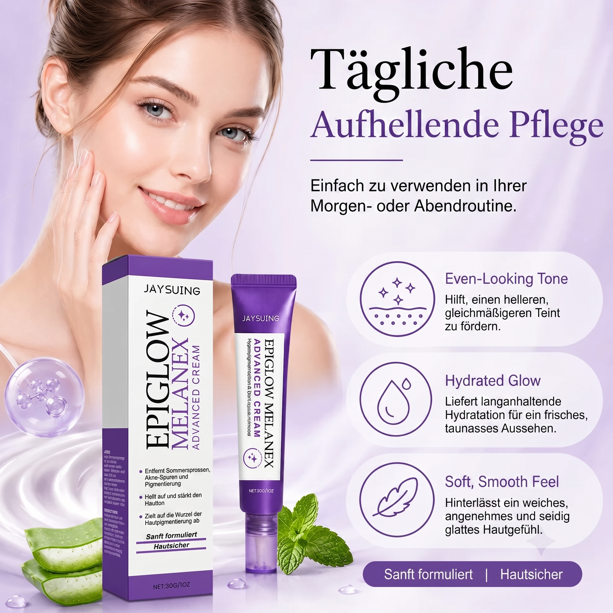 Reduziert das Erscheinungsbild von Sommersprossen und dunklen Flecken für einen strahlenderen, gleichmäßigeren Teint