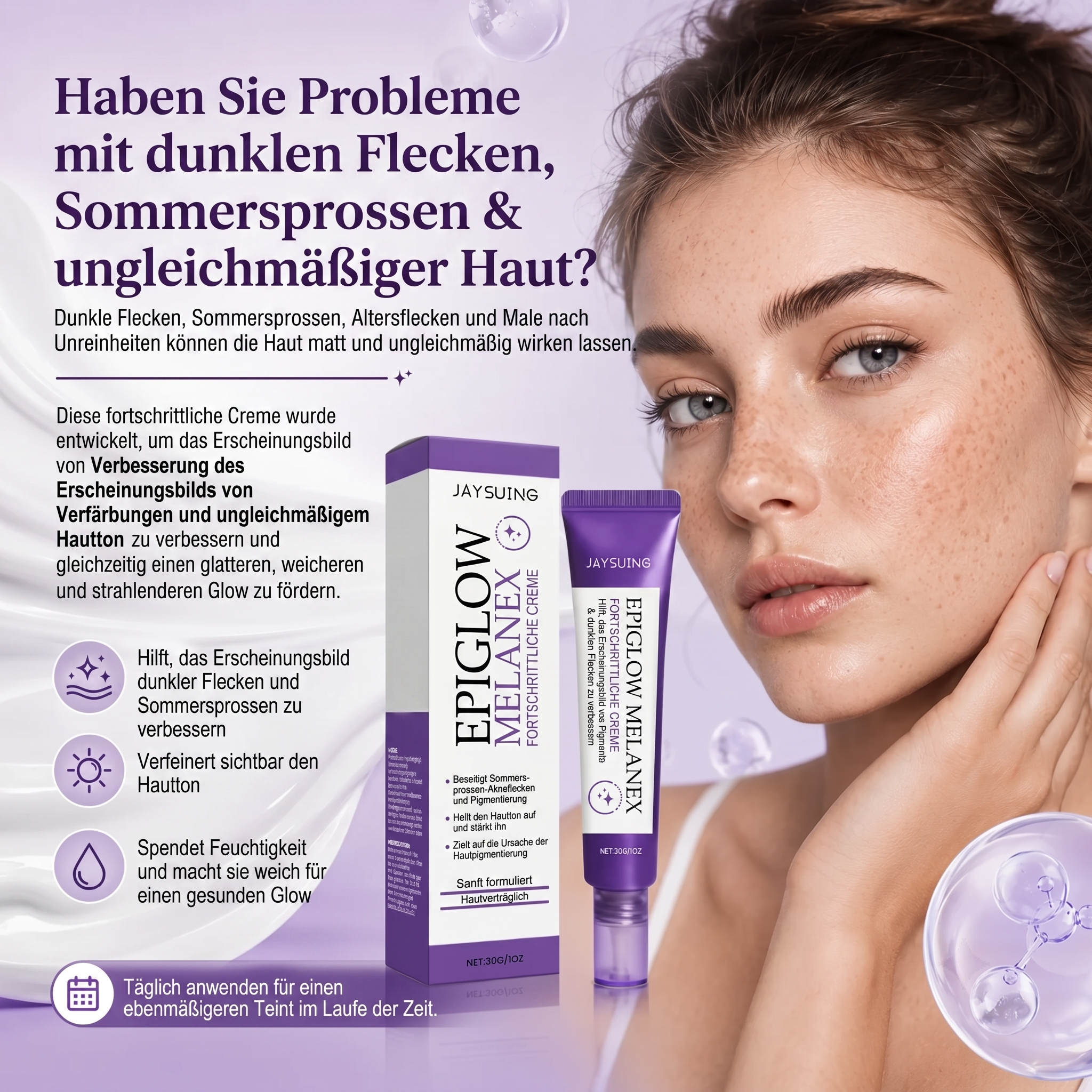 Reduziert das Erscheinungsbild von Sommersprossen und dunklen Flecken für einen strahlenderen, gleichmäßigeren Teint