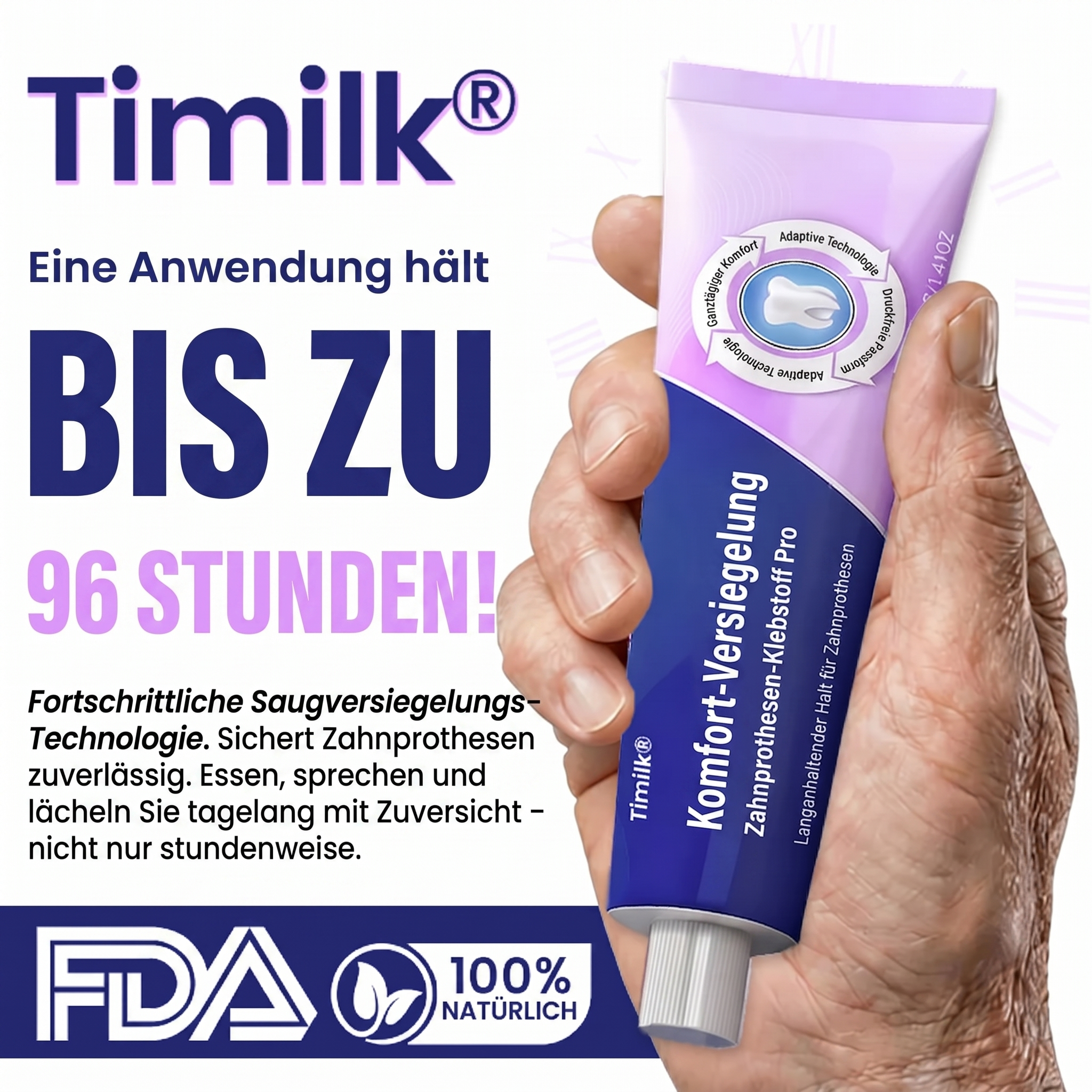 🔥 Timilk® Comfort Seal Pro Haftcreme für Zahnprothesen 🦷💜 FDA-zertifiziert (Klinisch getestet: 96 Stunden Halt für sicheren, komfortablen und zinkfreien Sitz der Zahnprothese)