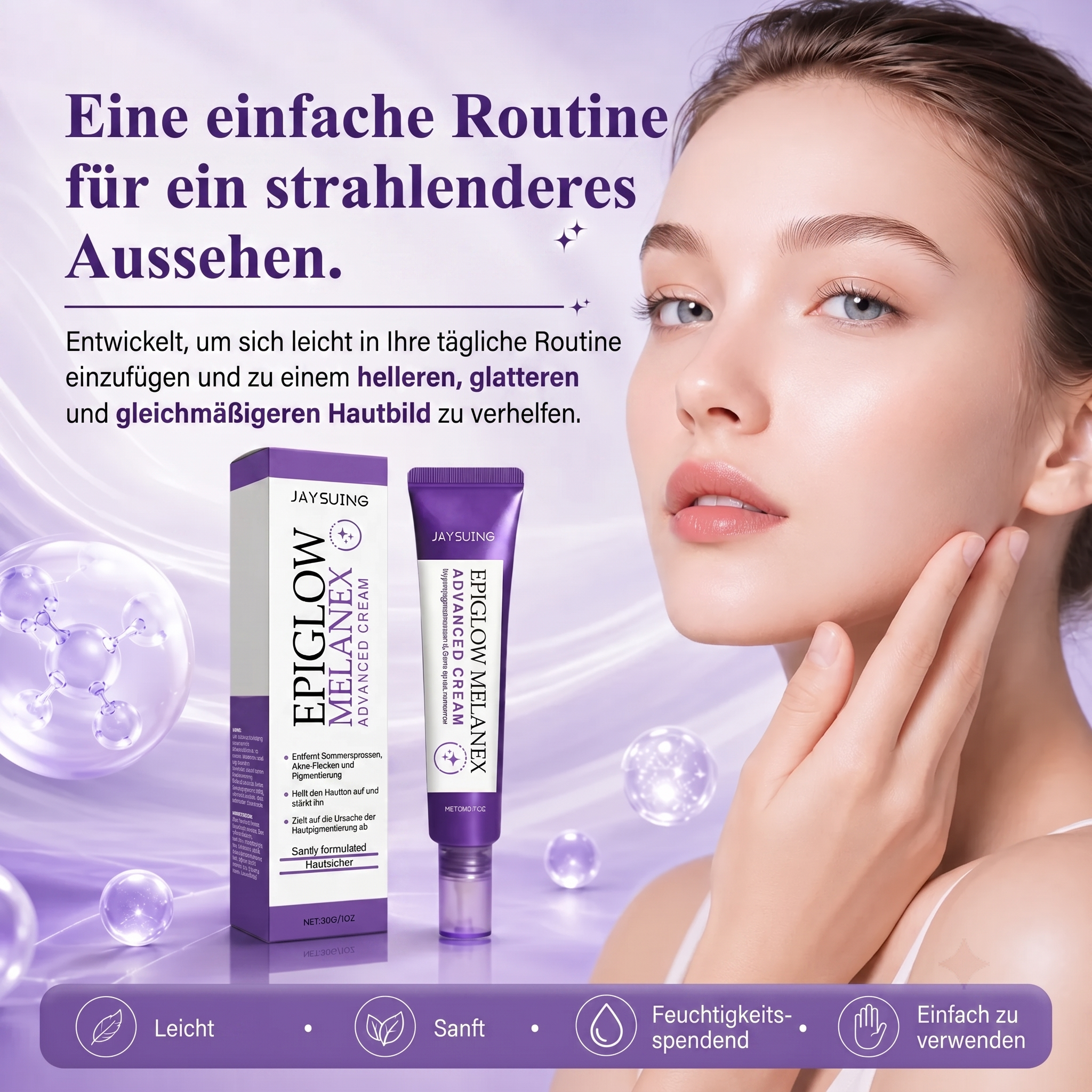 Reduziert das Erscheinungsbild von Sommersprossen und dunklen Flecken für einen strahlenderen, gleichmäßigeren Teint