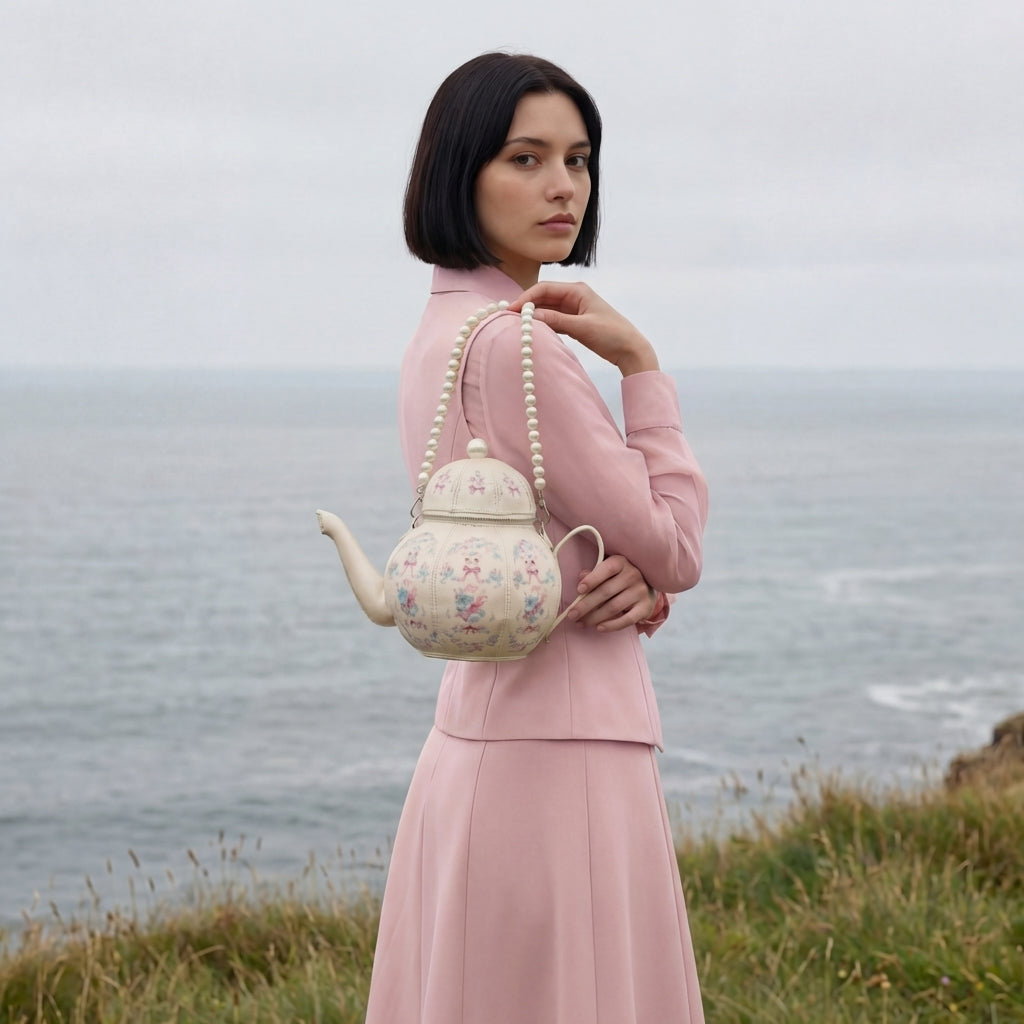 Roséfarbene Teekannen-Tasche aus veganem Leder