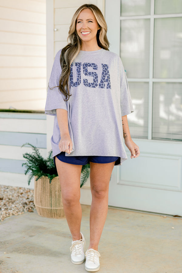 Liberty Leopard Boyfriend Tee, Heather Gray