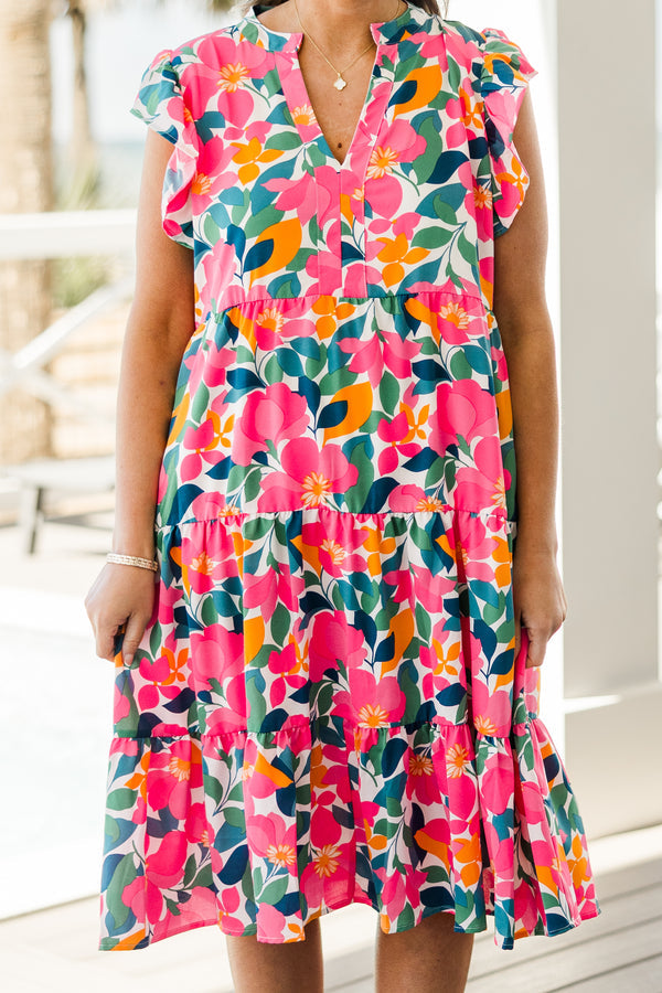 Love Grows Strong Midi-Kleid, Weiß Blumenmuster