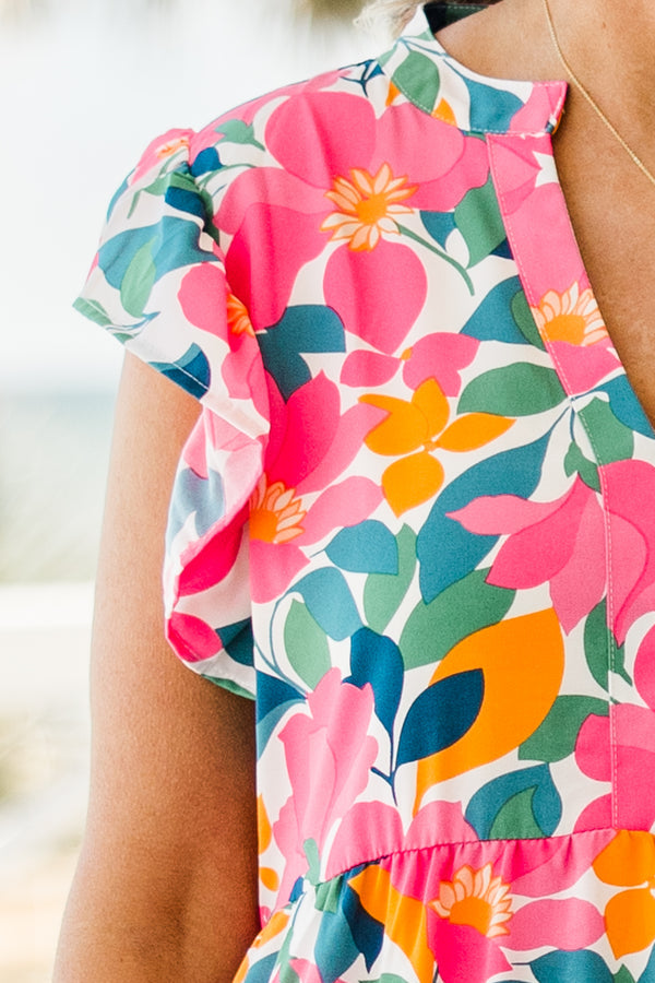 Love Grows Strong Midi-Kleid, Weiß Blumenmuster