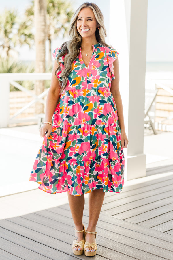 Love Grows Strong Midi-Kleid, Weiß Blumenmuster